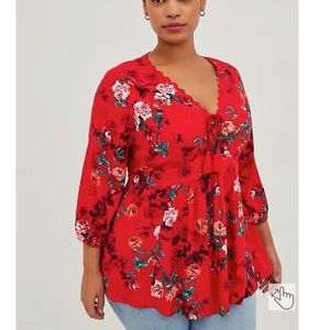Torrid Red  V-neck Floral Baby Doll Blouse/ NWT size 3